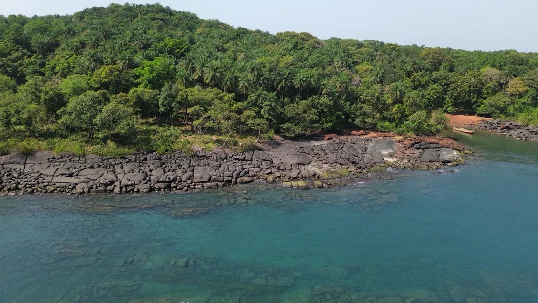 A rocky, forested cove with turquoise water on the Freetown peninsula